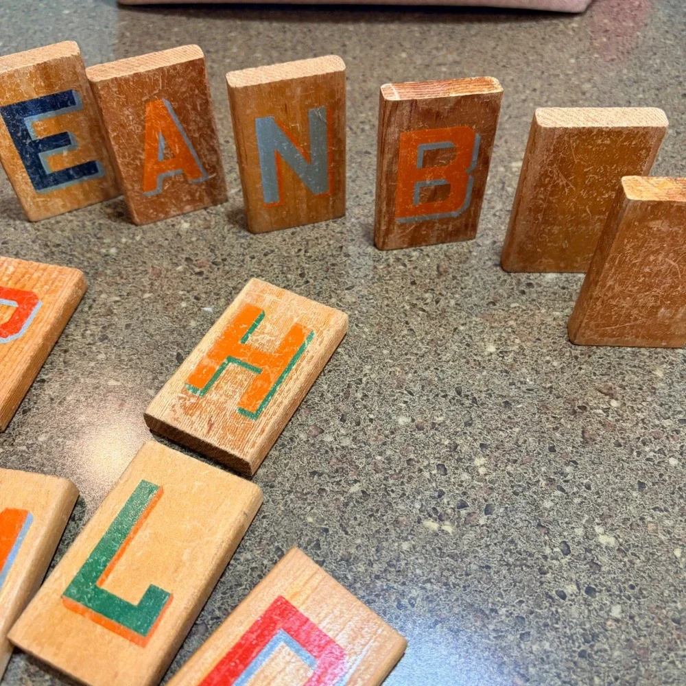 Vintage Style Wooden Alphabet Blocks Letterpress Wood Type Blocks Set of 19